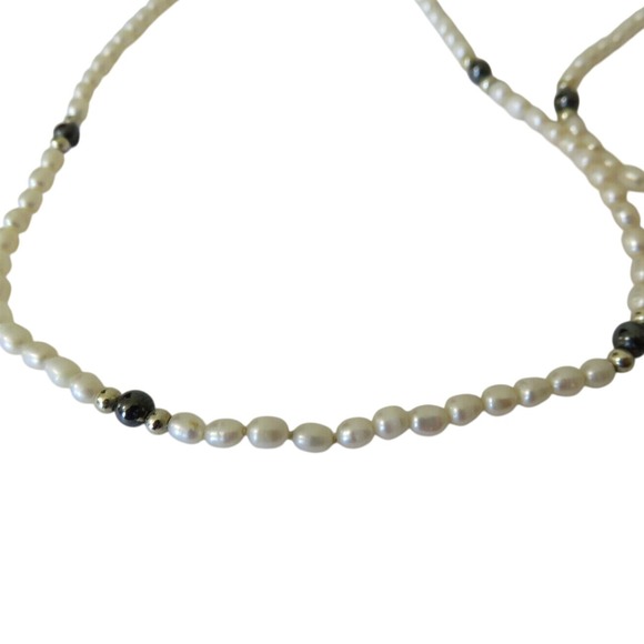 Freshwater Rice Pearl Necklace & Sterling Onyx Bead 36" Continuous Necklace - Picture 2 of 3